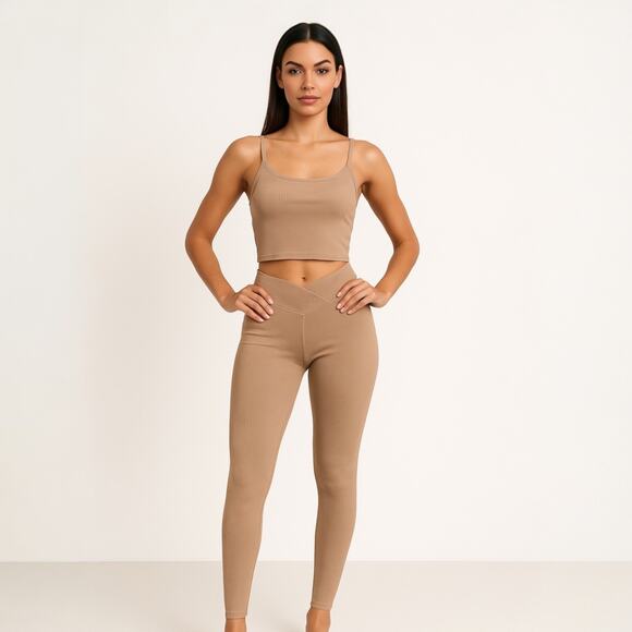 Year of Ours Tan Ribbed Knit Sleeveless Crop Tank Top Pants 2-Piece Set Size M - Picture 1 of 6